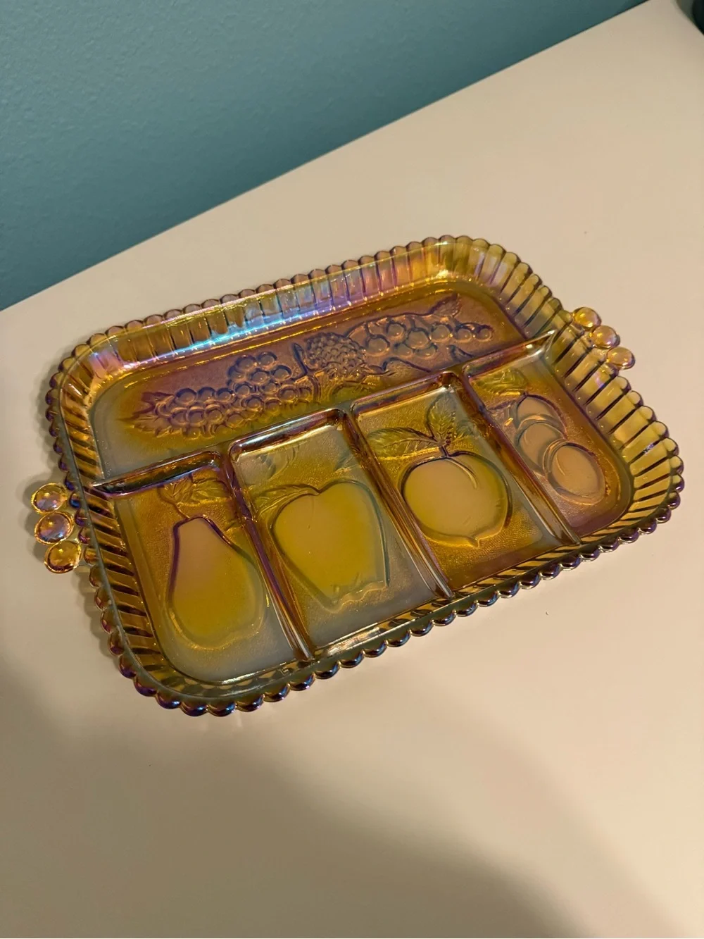 Indiana Marigold Carnival Iridescent Glass Divided Tray Platter Fruit Pattern